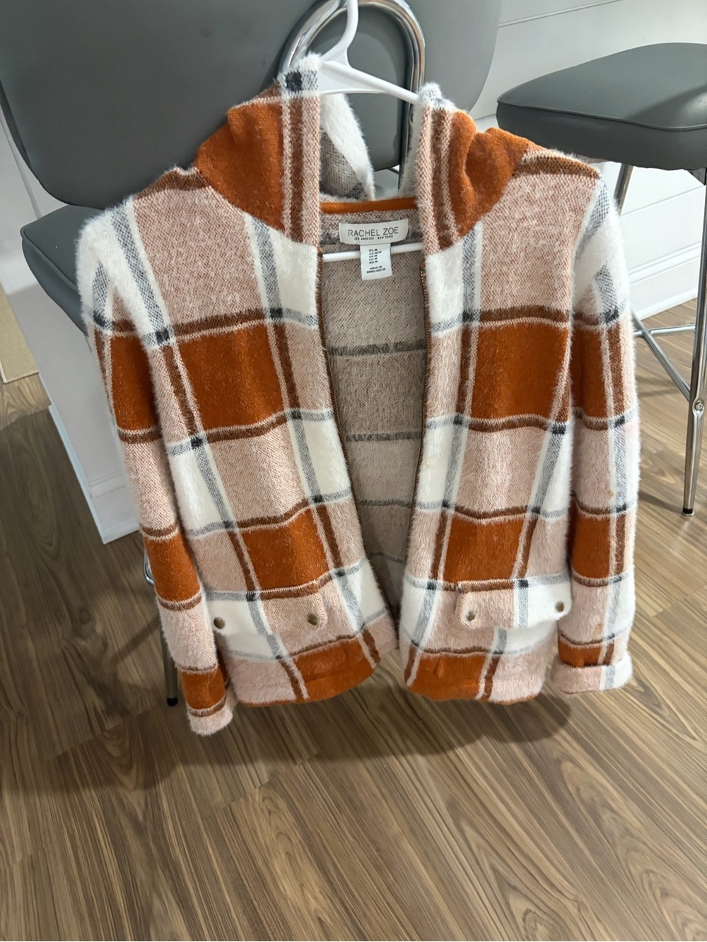 Rachel Zoe Rust and Cream Plaid Hooded Cardigan